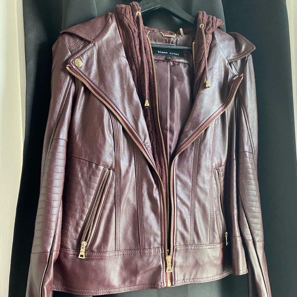 Wine faux leather jacket with hood
